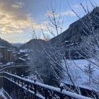 Sunrise at the village of Arinsal after the snowfall