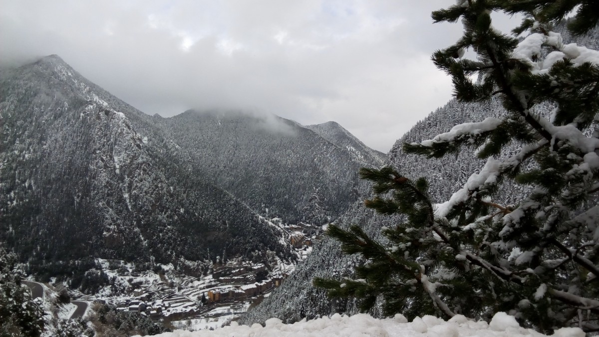 A white view from Arinsal village after the snowfall