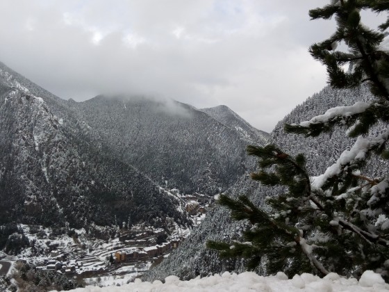 A white view from Arinsal village after the snowfall